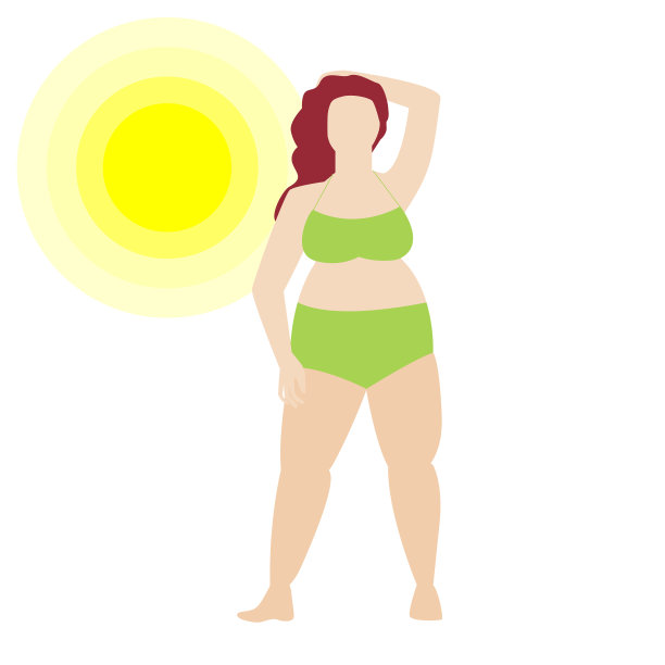 穿着绿色泳装和阳光的女人。一个女人的剪影。海滩。曲线夏天的女人。股票矢量插图孤立在白色背景。图片下载