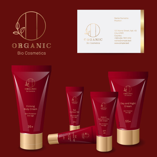 有机化妆品会徽。金色的字母O带着小叶子。优质包装和标签。带金帽的红色管子，名片。图片下载