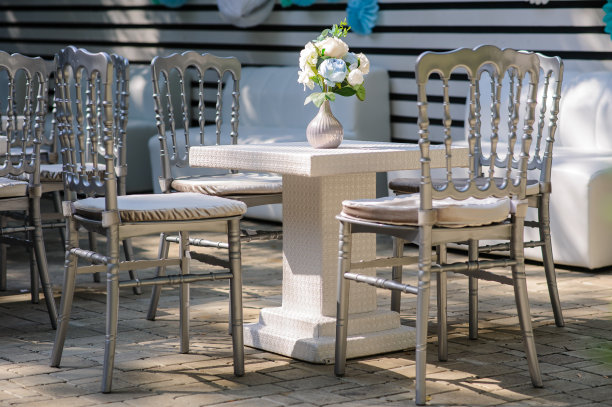 复古金属银风格的椅子和桌子与花图片下载