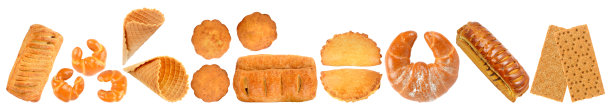 甜、鲜面包制品排成一行图片下载