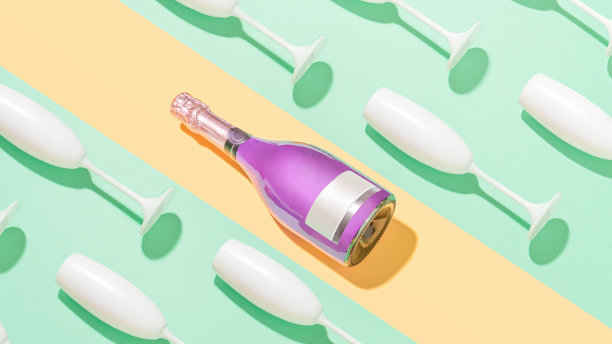 图案与紫色香槟瓶和白色眼镜薄荷绿和桃色泡夫几何背景。图片下载