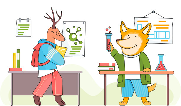 滑稽的卡通动物学生和狐狸学生图片下载