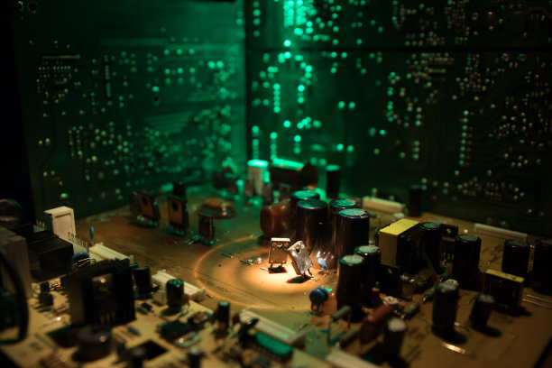 电子微电路的程式化照片。微电路，接触器，电子学，主板。黑色背景。电子器件的微距摄影。图片下载