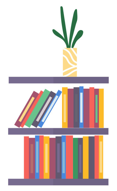 书架上的书和花瓶与植物在白色图片下载