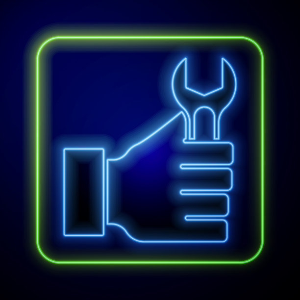 发光的霓虹灯扳手图标隔离在蓝色图片下载