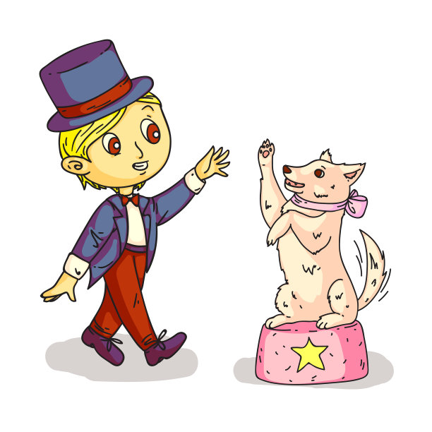 男孩与训练有素的狗表演孤立的白色图片下载