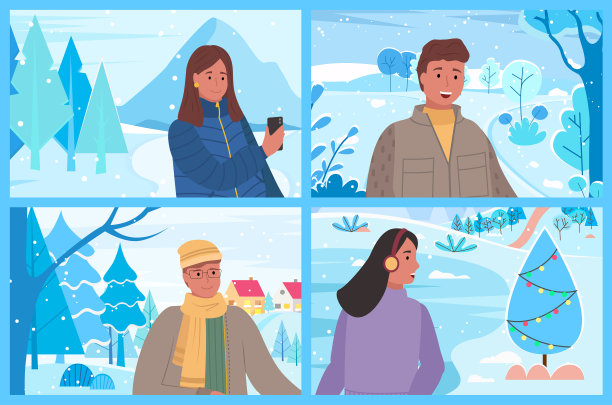 旅行者在白雪覆盖的森林和村庄图片下载