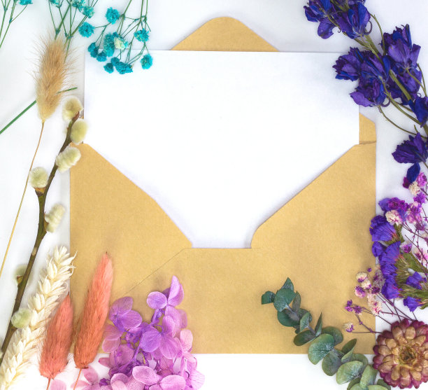 空白白纸配牛皮纸信封，五彩缤纷的干春花和芦苇，花朵，平铺，俯视图现代背景，设计，贺卡，图片下载