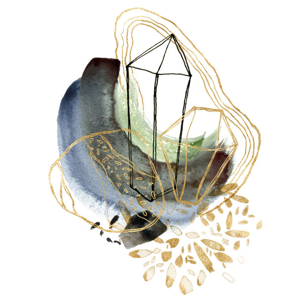 水彩花卉卡片抽象斑点和金色宝石。手绘极简线性插图孤立在白色背景。用于设计、印花、织物或背景。图片下载