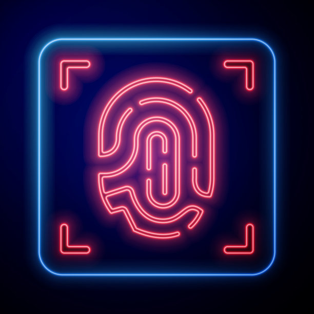 发光的霓虹灯指纹图标隔离在蓝色图片下载