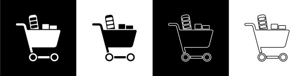 设置购物车和食品图标隔离在黑色图片下载