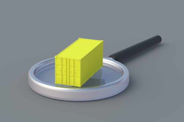 在灰色背景的放大镜上的货运集装箱。航运搜索。物流公司。运输的货物。国际贸易。在海关检查货物。三维渲染图片下载