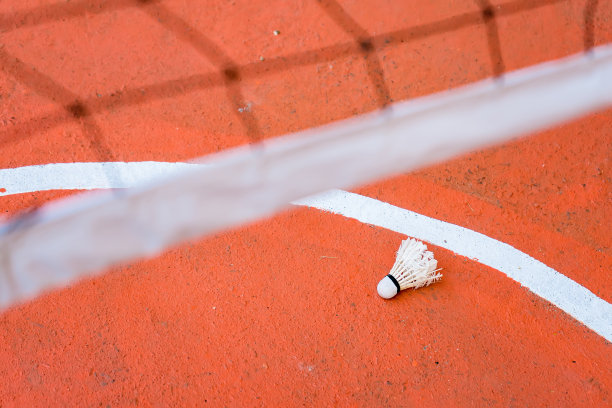 旧羽毛球在羽毛球场上的地板上。图片下载