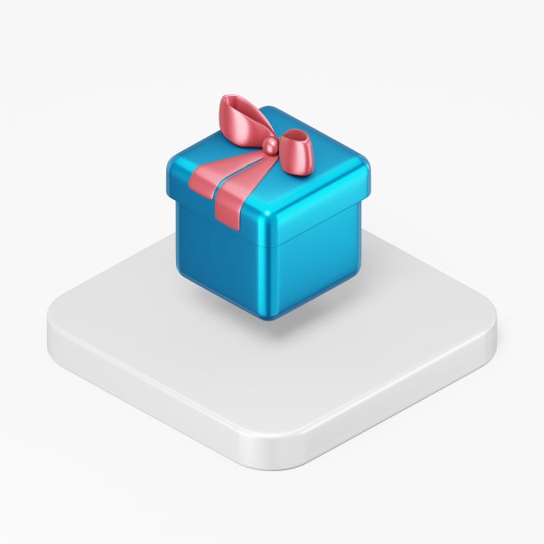 红色蝴蝶结的蓝色礼物图标。3d渲染方形按键键等角视图，UI UI元素。图片下载