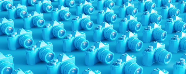 摄像机排成一排。创意概念上的蓝色背景3d渲染图片下载