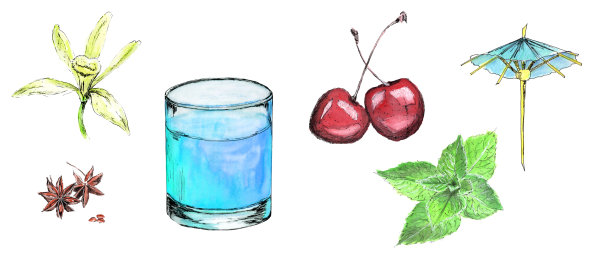 元素为鸡尾酒，水彩手绘插图。鸡尾酒。菜单设计元素，玻璃，香料，樱桃，薄荷，装饰图片下载