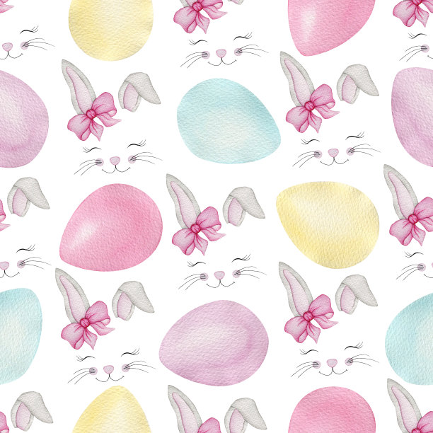 水彩无缝图案与可爱的卡通复活节兔子的脸和多色复活节彩蛋，水彩复活节插图织物，包装或背景图片下载