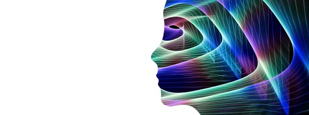 三维插图的一个女人的侧面绘制与色彩斑斓的线条的光图片下载