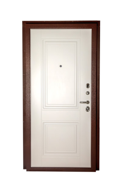 封闭的正面木制或金属棕色入口门出口在白色背景孤立图片下载