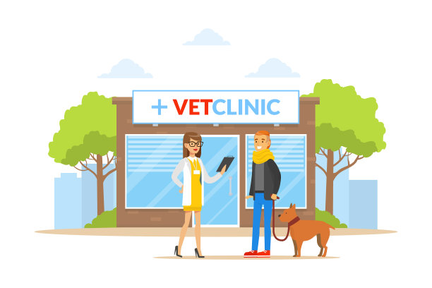 兽医诊所大楼与医生和狗主人图片下载
