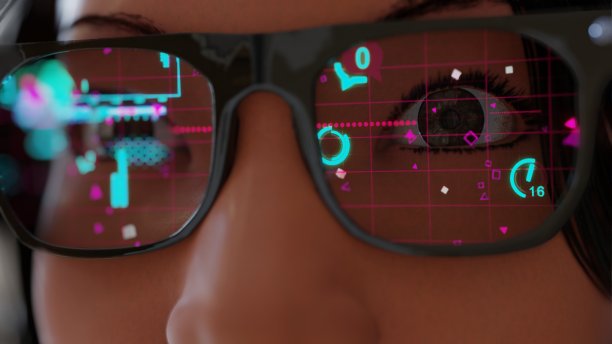 戴着现代眼镜的女人智能眼镜和现实概念与未来的屏幕。虚拟技术。近距离观察被统计数据和苹果分析所包围的眼睛图片下载