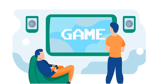 两名网络运动选手在电脑前争夺奖杯，粉丝们举着旗子欢呼。电子竞技迷，电脑游戏迷，电子竞技迷俱乐部概念。带有复制空间的页眉或页脚横幅模板。图片下载