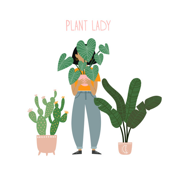 疯狂的夫人。带着植物的可爱年轻女子。现代矢量插图平面卡通风格。图片下载