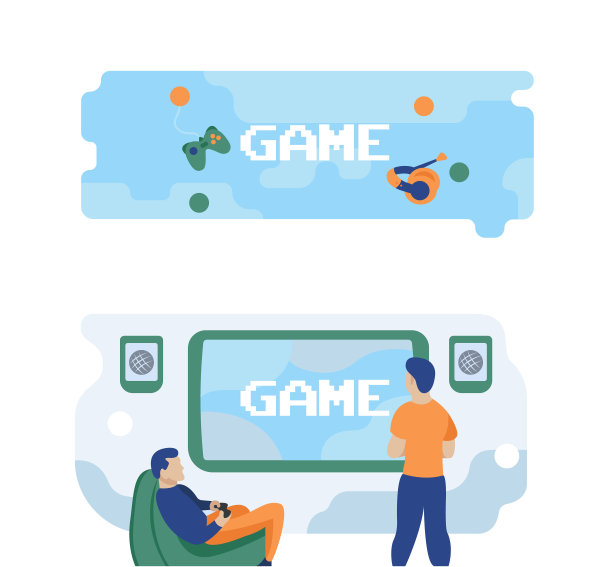 两名网络运动选手在电脑前争夺奖杯，粉丝们举着旗子欢呼。电子竞技迷，电脑游戏迷，电子竞技迷俱乐部概念。带有复制空间的页眉或页脚横幅模板。图片下载