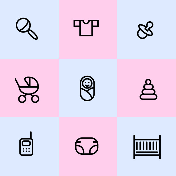 一套轮廓图标的婴儿托儿所。矢量股票插图卡片或海报图片下载