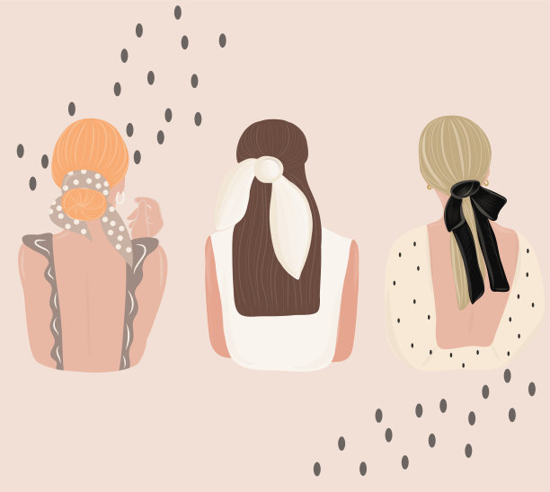 一组年轻女士，有各种各样的发型和配饰。用围巾做发型。图片下载