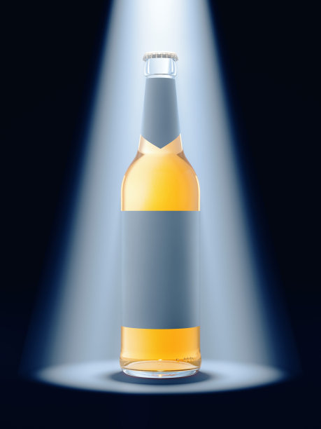 计算机图形图像的啤酒瓶与标签为您的文本。装有黄色液体的玻璃容器从后面发光。图片下载