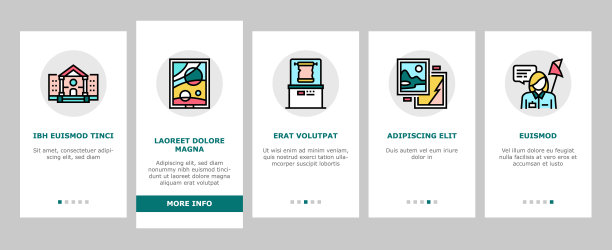 博物馆画廊展览上的图标集矢量图片下载