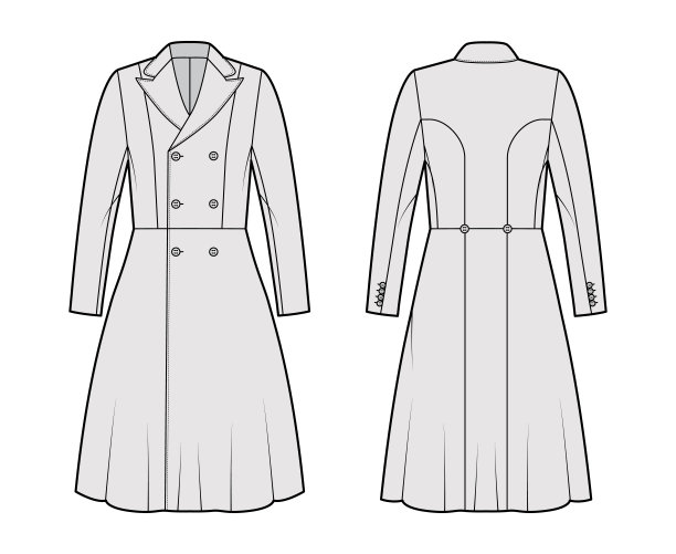 双排扣，合身，长袖，尖峰翻领，膝盖长度的红色大衣技术时尚插图图片下载