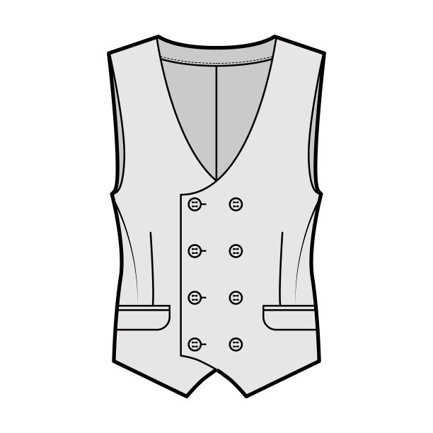 双排扣背心马甲技术时尚插画无袖，钮扣关闭，皮瓣口袋，合身图片下载