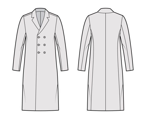 经典的大衣技术时尚插图，长及膝，长袖，缺口领，超大，双排扣图片下载
