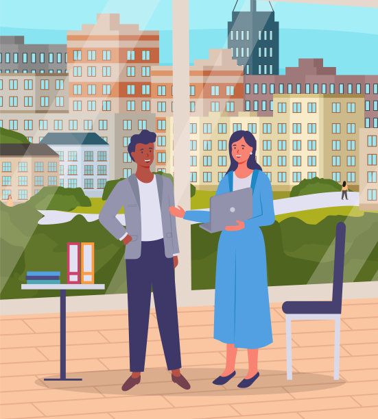 非洲男人与女人在办公室与全景窗口，商人女人与笔记本电脑图片下载