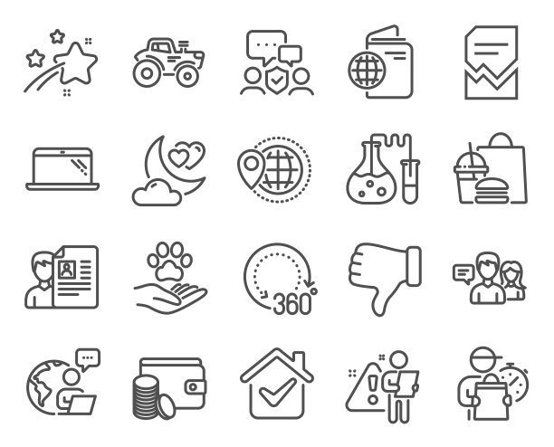 业务图标设置。包括图标拖拉机，360度，旅行护照标志。向量图片下载