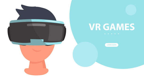 虚拟现实游戏旗帜。男孩用VR头盔玩电子游戏。戴着虚拟或增强现实眼镜的年轻人。图片下载