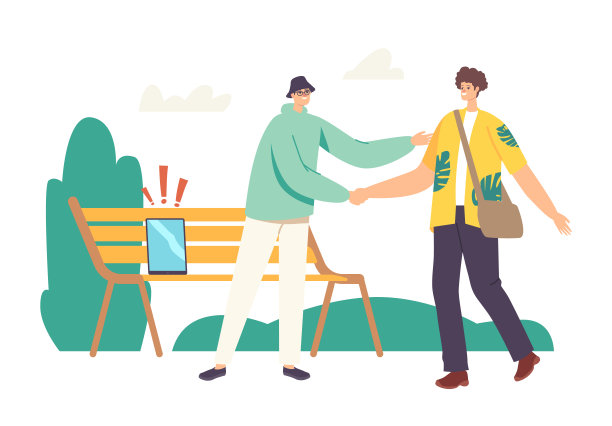 角色在公园长椅上见朋友时丢失了平板电脑或智能手机。健忘的人丢失数码设备图片下载