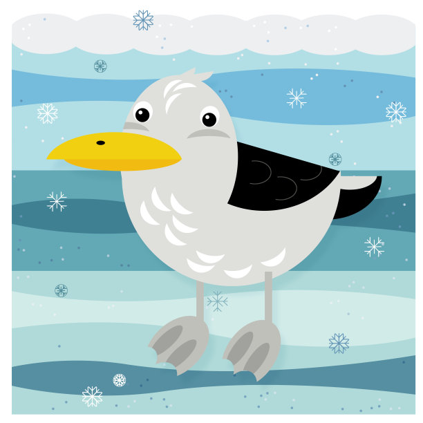 北极动物海鸥在雪地上的卡通场景图片下载