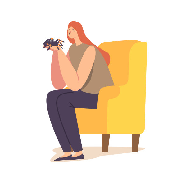 人类和外来宠物的概念。女性角色手握蜘蛛坐在家里的扶手椅上图片下载