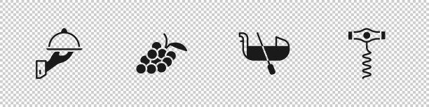 设置覆盖托盘的食物，葡萄水果，贡多拉和葡萄酒瓶塞图标。向量图片下载