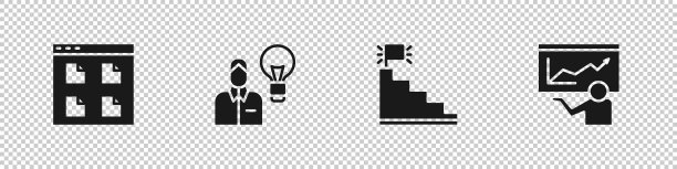 设置浏览器文件，人与灯泡，楼梯完成旗和培训，演示图标。向量图片下载