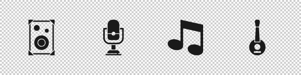 设置立体声扬声器，麦克风，音乐音符，音调和班卓琴图标。向量图片下载