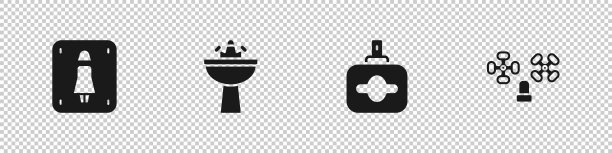 设置女座便器，带水龙头的洗脸盆，香水和水图标。向量图片下载