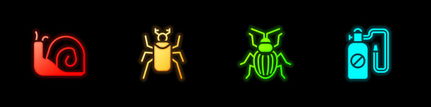 设置蜗牛，甲虫甲虫，金龟子甲虫和压力喷雾器图标。向量图片下载