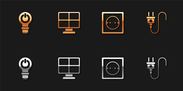 设置灯泡与闪电，太阳能电池板，电源插座和插头图标。向量图片下载