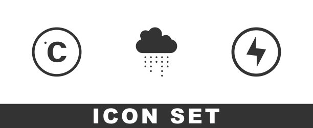 设置摄氏，云与雨和闪电闪电图标。向量图片下载