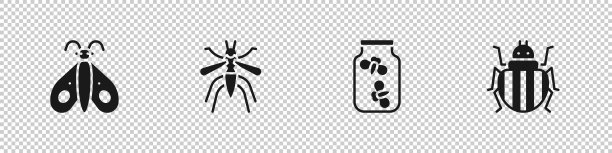 设置蝴蝶，蚊子，萤火虫虫子在一个罐子和科罗拉多甲虫图标。向量图片下载