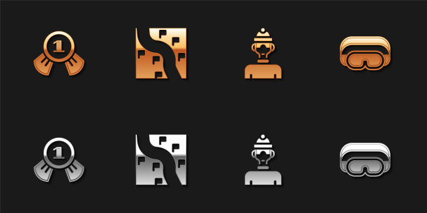 设置奖章，路线位置，冬季运动员和滑雪镜图标。向量图片下载